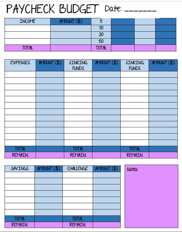 Paycheck Budget Template Colours - Blue &amp; Green - Etsy