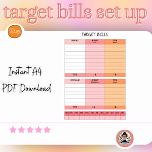 Puede incluir: Descarga PDF A4 imprimible para un planificador de presupuesto. El planificador tiene secciones para facturas mensuales, facturas irregulares y un calendario anual para realizar un seguimiento de los pagos. El planificador es de color rosa y naranja.