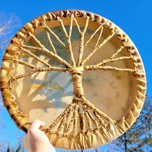 Shamanic Tree of Life Drum 17&quot; | Elk Rawhide Skin, Elk Rawhide Handle | Deodar Cedar Frame, Shaman Handmade, Sound Healing, Drum Journey