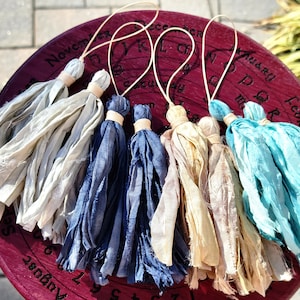 Sari Silk Tassel for Mala Necklace | 4.5&quot;, 100% Natural Recycled Fair Trade Sari Silk Ribbon, Long or Short Loop, Seaglass, Abalone, Wailele
