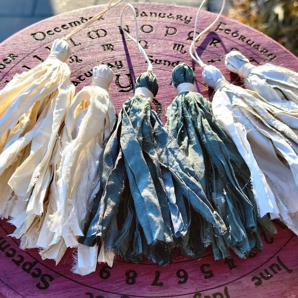 Sari Silk Tassel for Mala Necklace | 4.5", 100% Natural Recycled Fair Trade Sari Silk Ribbon, Long or Short Loop, Natural, Coastal Fog, Kelp
