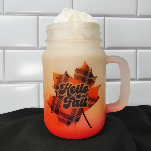 MASON Jar With Lid | ORANGE Coffee MUG | Iced Coffee Cup | Fall Orange Frosted Glass Iced Coffee Cup Hello Fall Mug Gift for Girls