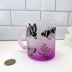 Butterfly Mug | Frosted Glass Mug | Purple Glass Coffee Mug | Ombre Frosted Glass Mug | 11oz Frosted Ombre Glass Mug