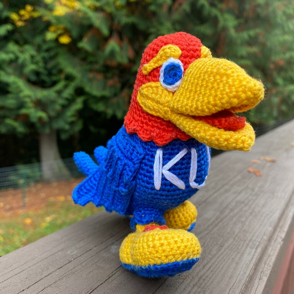 KU Jayhawk crochet, PATTERN, KU Jayhawk crochet pattern, Jayhawks Mascot, Amigurumi bird, University of Kansas Jayhawk, Big 12 Conference