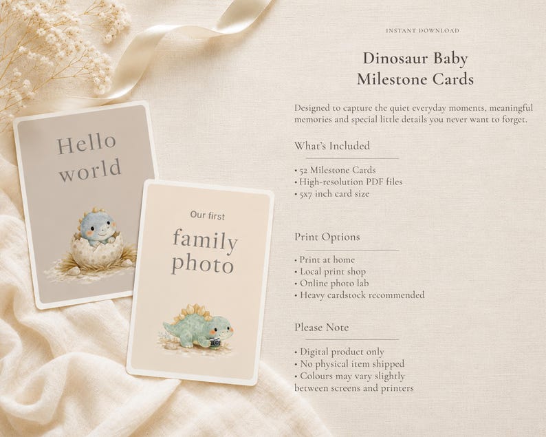 52 Dinosaur Baby Milestone Cards Printable UK, First Year Baby Cards ...