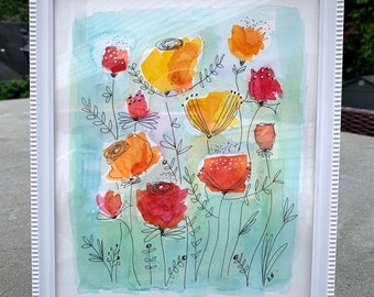 Original Watercolor Painting. Whimsical Flowers. 8x10. Not A Print.