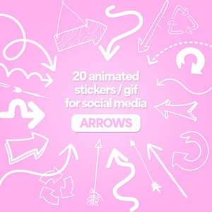 May include: A pink background with white outlined arrows of various styles. The text "20 animated stickers / gif for social media" and "ARROWS" is in white.