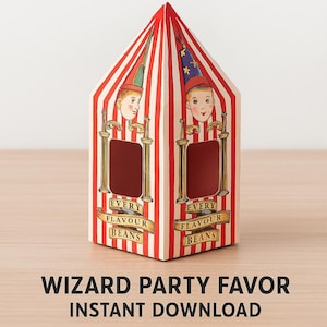 Puede incluir: Una caja de golosinas imprimible con un diseño de rayas rojas y blancas, con ilustraciones de personajes con sombreros de mago. La caja tiene el texto "Every Flavour Beans" y "Wizard Party Favor Instant Download."