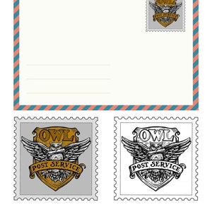 Pegatinas de entrega de correo del servicio de sellos postales de búhos del mundo mágico para imprimir en formato JPG, PDF, diseño mágico en blanco y negro, papelería para sobres