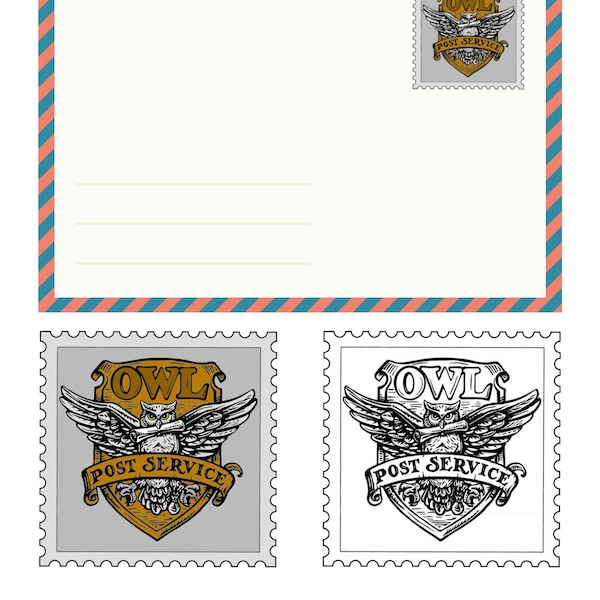 Printable Wizarding World Owl Post Stamp Service Mail Delivery Stickers JPG PDF Magical Color Black White Design Stationery for Envelope