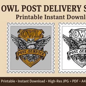 Printable Wizarding World Owl Post Stamp Service Mail Delivery Stickers JPG PDF Magical Color Black White Design Stationery for Envelope