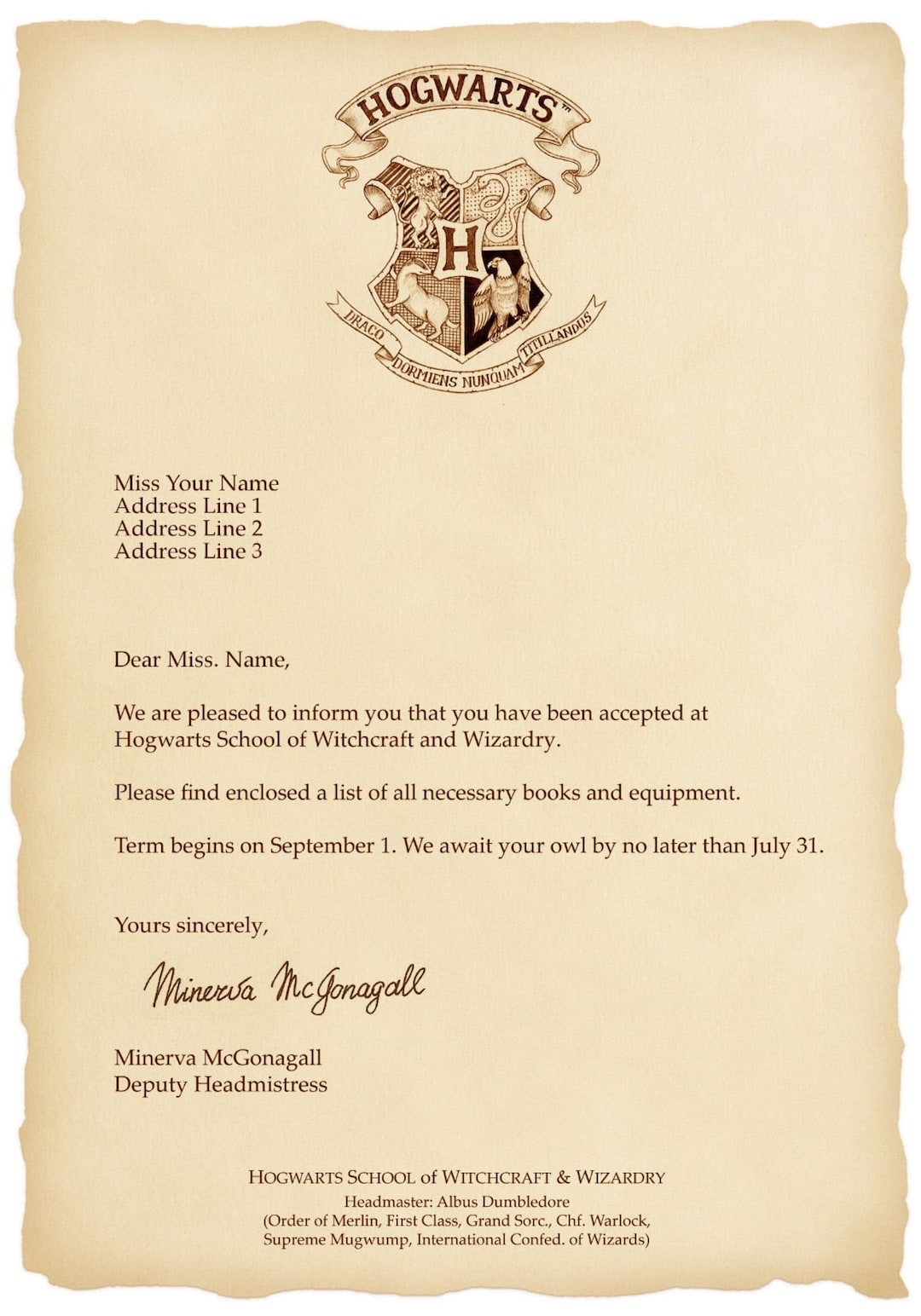 Personalized Acceptance Letter To School Of Witchcraft And - Etsy