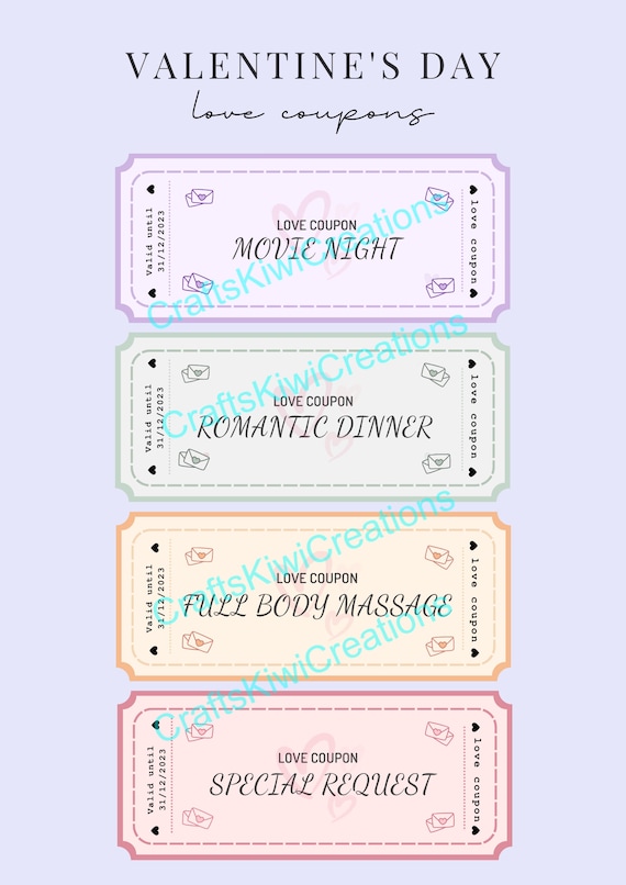 Cupones de amor imprimibles para pareja, Día de San Valentín, Masaje  corporal, Película, Cena, Pedido especial, Aniversario de bodas, Regalo para