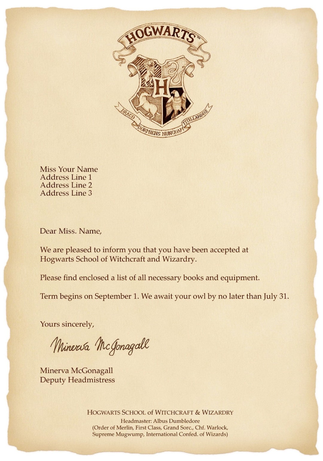 Hogwarts Acceptance Letter Template Free Printable (Front + Back