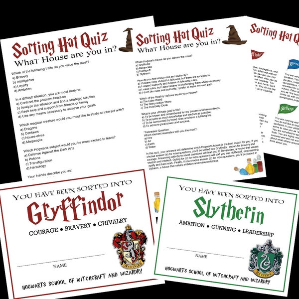 SORTING HAT CEREMONY Quiz Game + Certificates Trivia Printable Gryffindo Hufflepuf Slytheri Ravenclw Instant Download Harry Pot Hogwa School