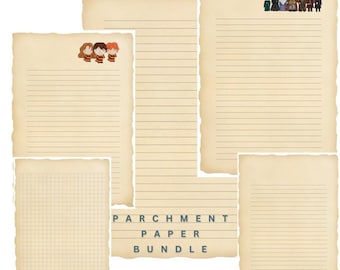 Może przedstawiać: Zestaw do druku papieru pergaminowego z wzorami w linie i kratkę. Papier ma postarzony, zużyty wygląd i zawiera tekst "PARCHMENT PAPER BUNDLE".