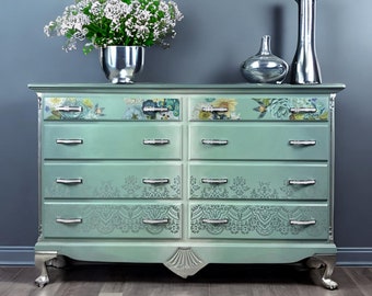 Large Aqua Green and Silver Dresser with Floral Accent, Ombré Paint