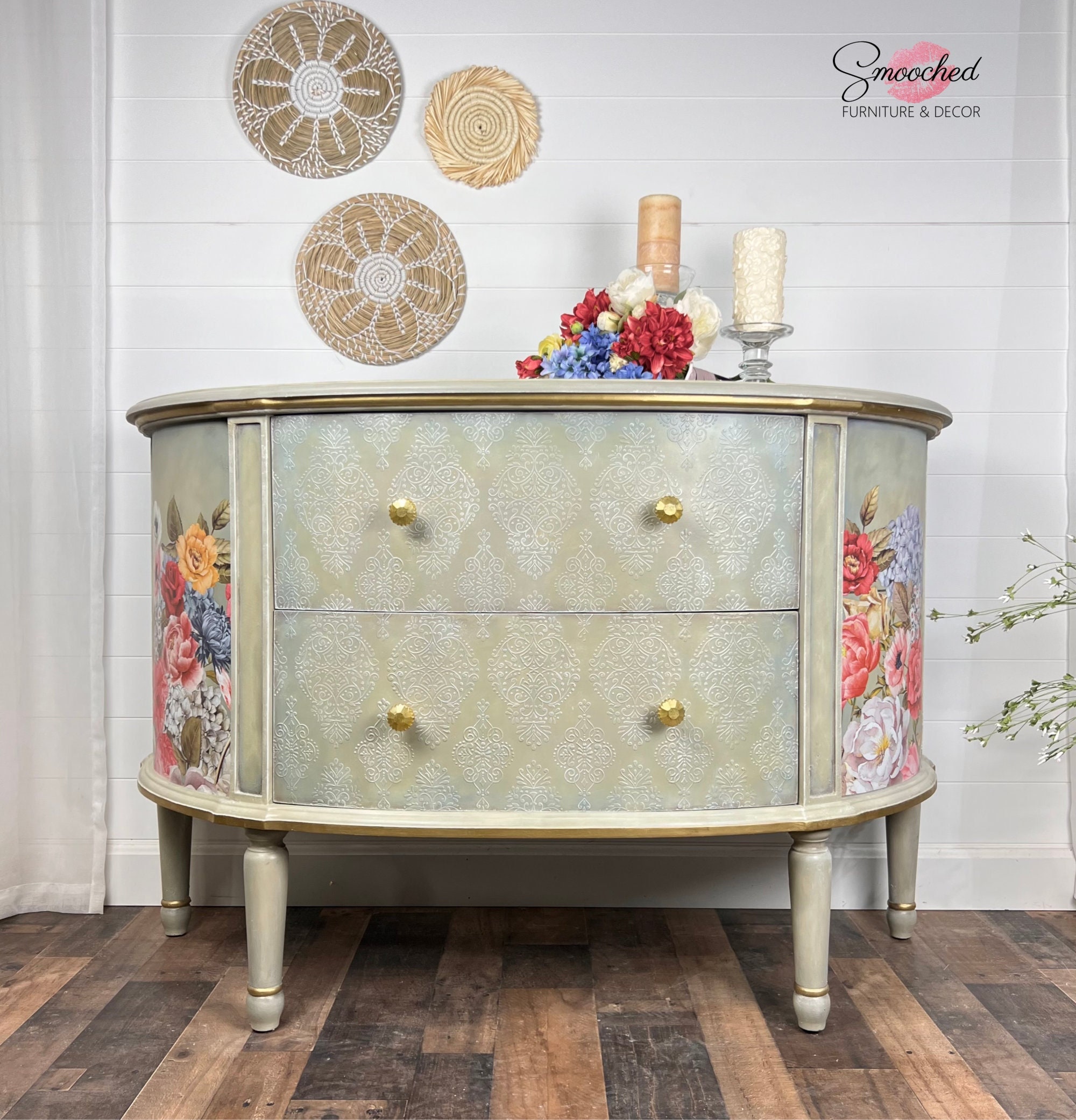 Bo-ho Chic Half Round Chest of Drawers | Entry Cabinet | Buffet | Floral and Stenciled Cabinet