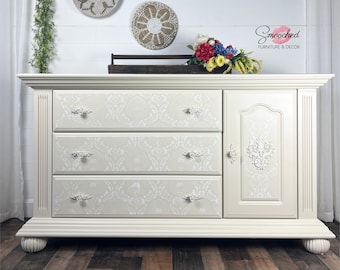 French Country Dresser: Ivory Stencil Design, Cream & Gold Rose Hardware