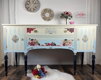 Hand-Painted French Country Buffet: Buttercream & Navy Blue Sideboard