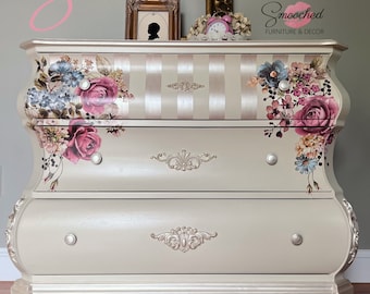 SOLD!! Do not buy! Cream and Metallic Bombe Dresser | Bombe Chest of Drawers | Bombay Dresser