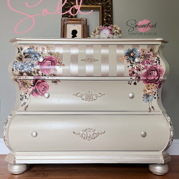 SOLD!! Do not buy! Cream and Metallic Bombe Dresser | Bombe Chest of Drawers | Bombay Dresser