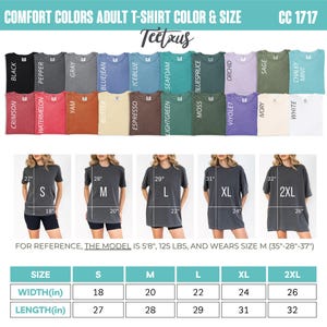 The image is a collage of various t-shirt designs in different colors and sizes, along with size and color charts for reference.