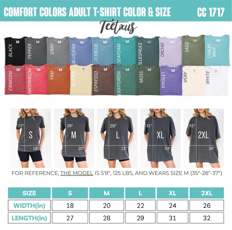 The image is a collage of various t-shirt designs in different colors and sizes, along with size and color charts for reference.