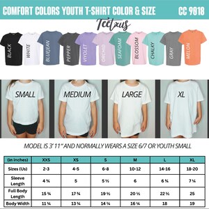 The image is a collage of three photos depicting different sizes of youth t-shirts in various colors.