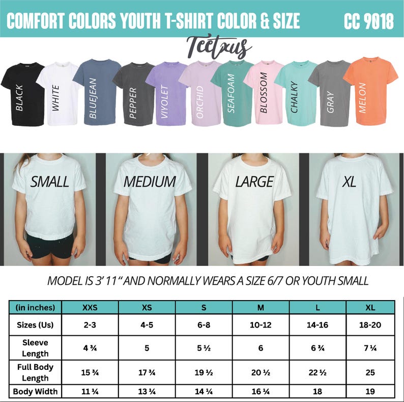 The image is a collage of three photos depicting different sizes of youth t-shirts in various colors.