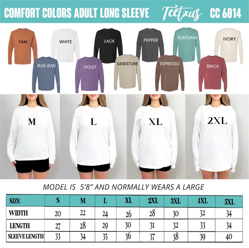 The image is a collage of various long-sleeved t-shirts in different colors, sizes, and styles, along with a size chart for the models.