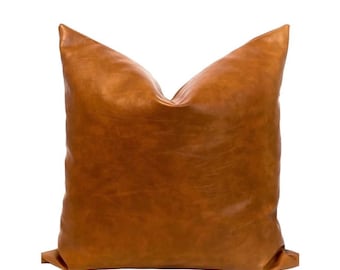 Cognac Faux Leather Pillow Cover, Camel Faux Leather, 20x20 Pillow Cover, Fall Leather Look,