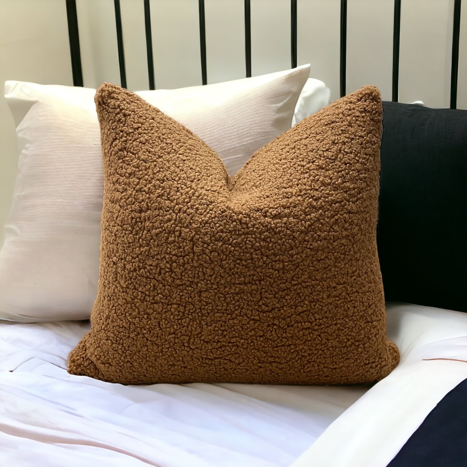 Camel Fuzzy Textured Winter Pillow Cover Cognac Textured Pillow Throw Pillows Boucle Etsy