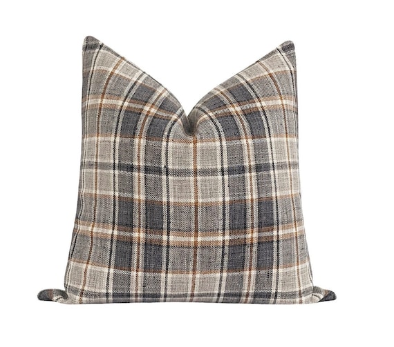 Plaid Pillow Cover Rust Orange Cognac Plaid Couch Pillow Neutral Fall Decor