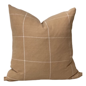 Camel and White Windowpane Pillow Cover Neutral Throw Pillow Farmhouse Modern Home Decor Fall Winter Gift for her Housewarming