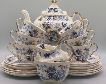 Mason's Ironstone Sapphire Tea Set for 6, Hand Painted, Made in England, Rare Blue/Gold/Ivory, Floral Deco Tea Set, Home Deco, Gift Idea.