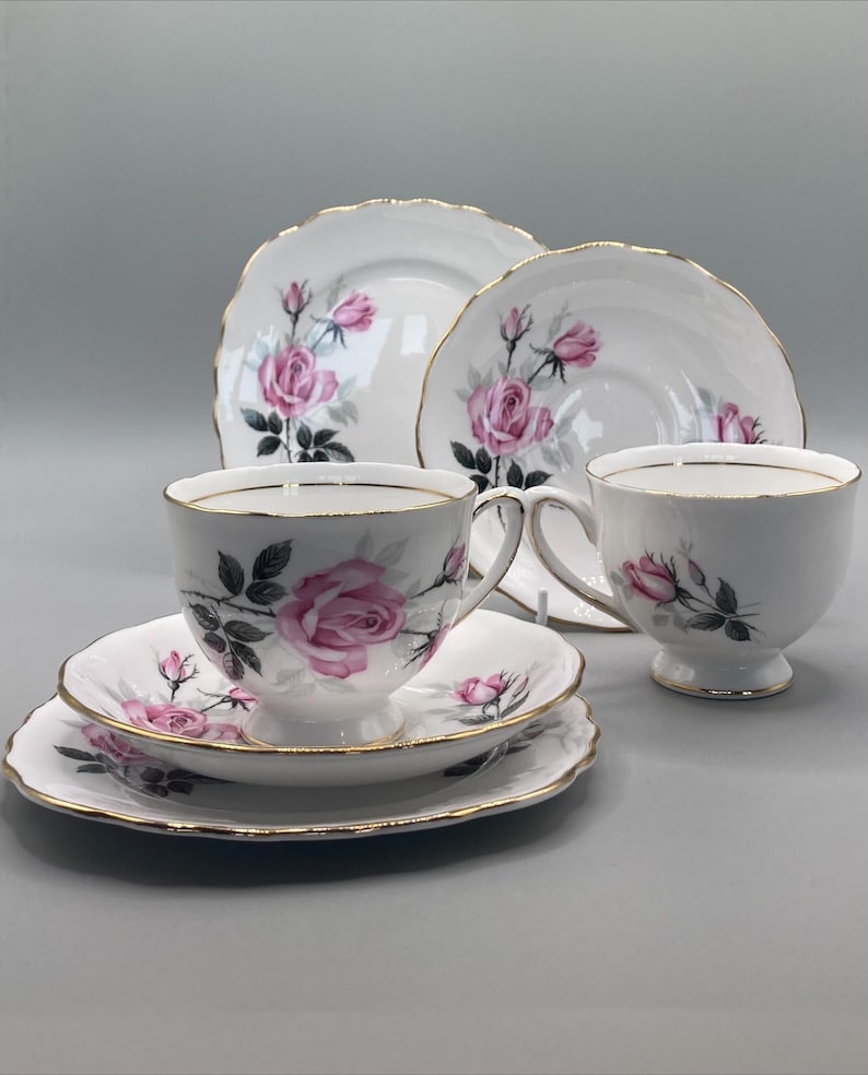 Vintage Colclough Bone China Tea Set: Pink Roses, Gold Trim (18pc ...