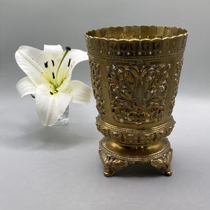 Vintage Brass Openwork Jardinière | Footed Indoor Planter | Gold Metal Home Decor, Gift idea