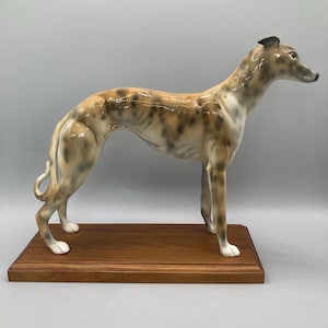 Porcelain Greyhound Statue, Rare Greyhound Sculpture on Wooden Base, Dog Figurine