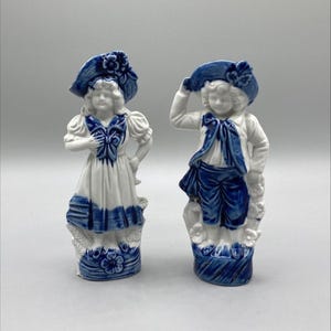 Antique German Porcelain Figurines – Boy & Girl in Blue and White, Home Décor | Collectible | Gift Idea.