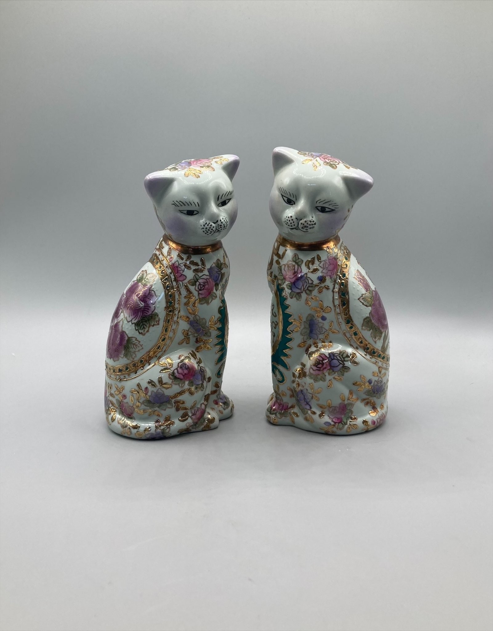 Pair of Vintage Chinese Hand-painted Porcelain Cat Figurines