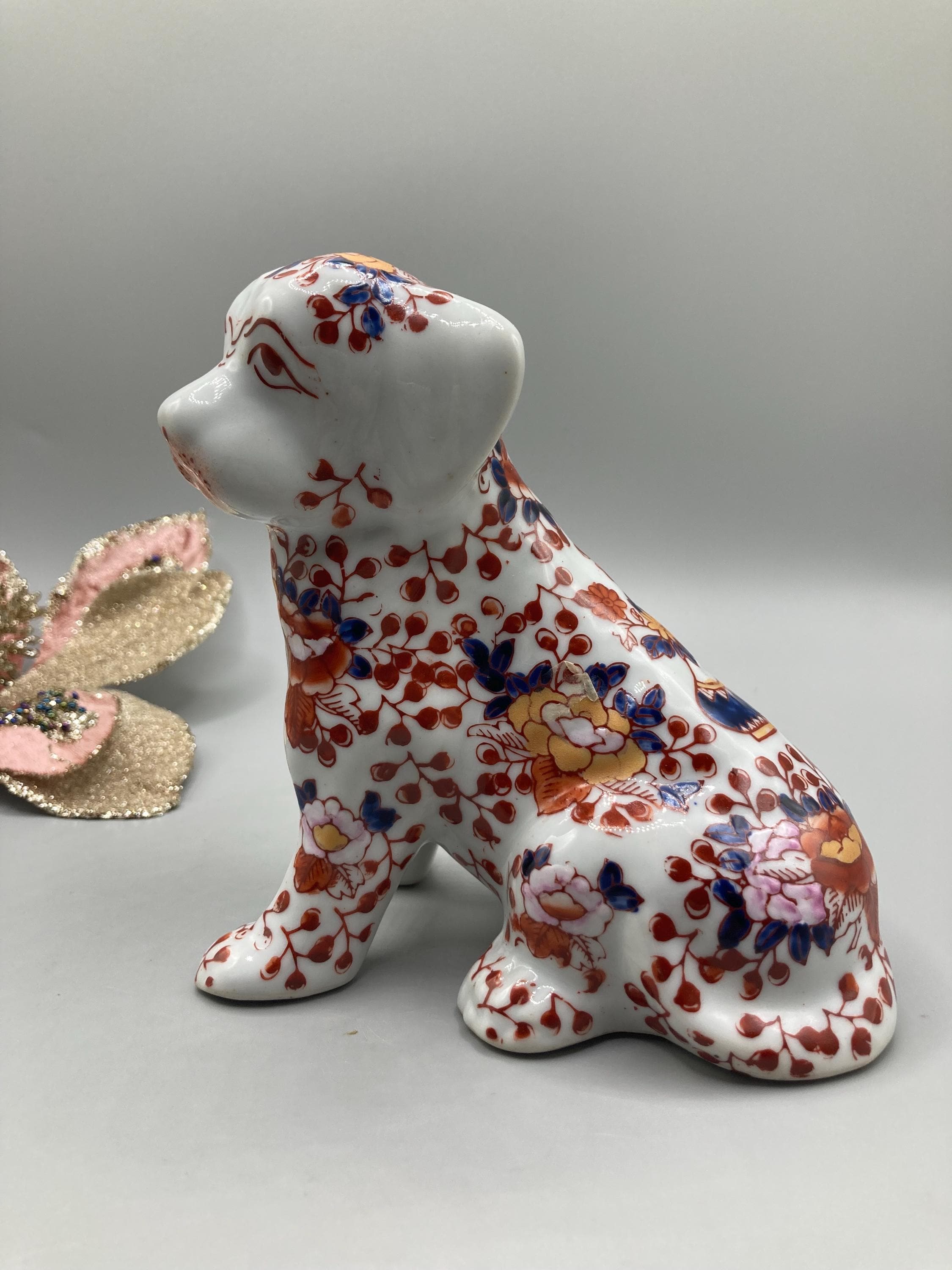 Vintage Chinese Porcelain Dog Figurine, 1990s, Red & Blue Floral