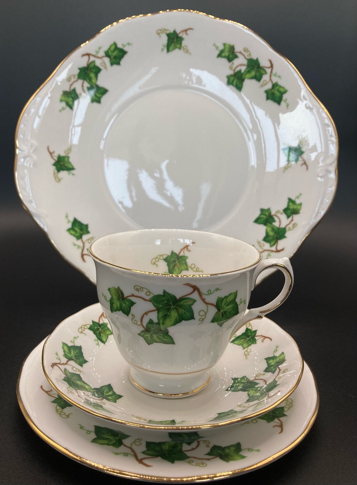Vintage White Green Tea Set Colclough English Bone China Ivy Etsy