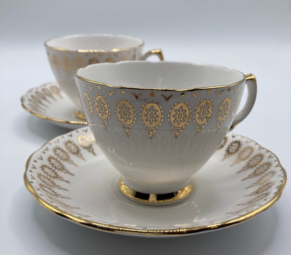 Vintage Royal Vale Yellow and Green Floral Tea Cup and Saucer Duo