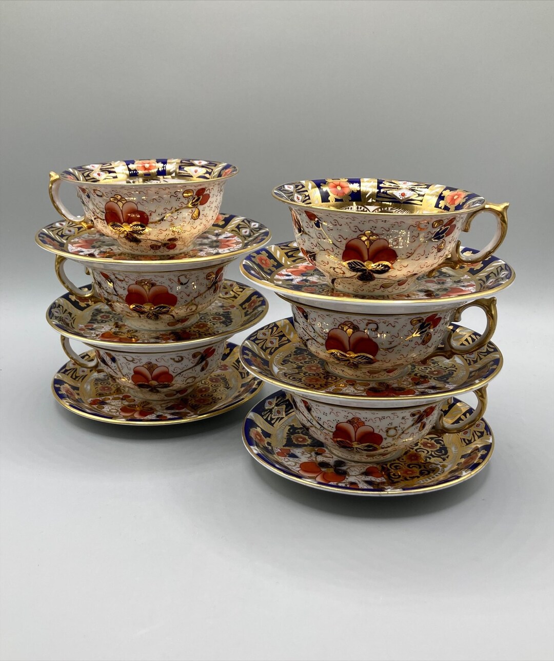 Six Antique Pointons England Tea Duos, Hand Painted Imari Tea Cups and
