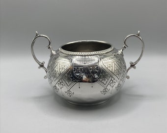 Vintage Vintage /Antique Silver Plated Sugar bowl with double Handles, Hand Engraved Floral Pattern, Silver plated Tableware.