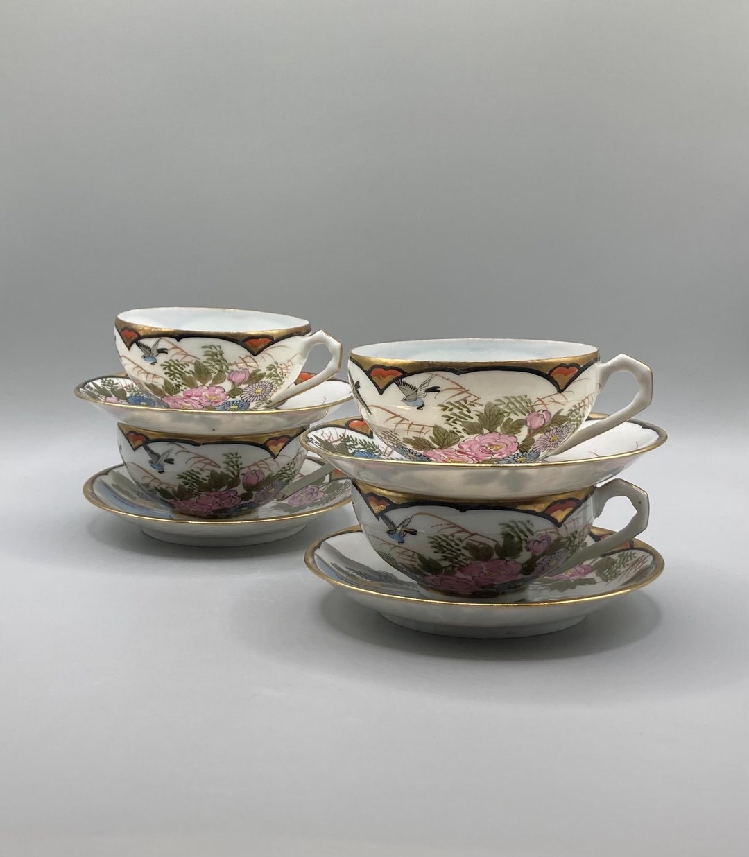 Eggshell Porcelain Japanese 4 Tea Duos Set: Floral Bird Design, Vintage ...