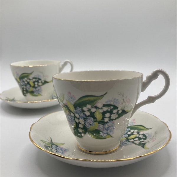 Two Royal Ascot Tea Duos, Set with Forget-me-nots & Lily of the Valley Flowers, Vintage Bone China, Floral Cups, Friendship Cups, Gift idea