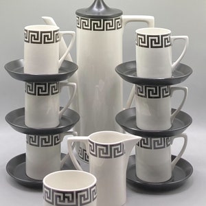 Portmeirion Black on White &#39;Greek Key&#39; Coffee Set Service For 6, Vintage Coffee Espresso Set for 6, Turkish Coffee Set.