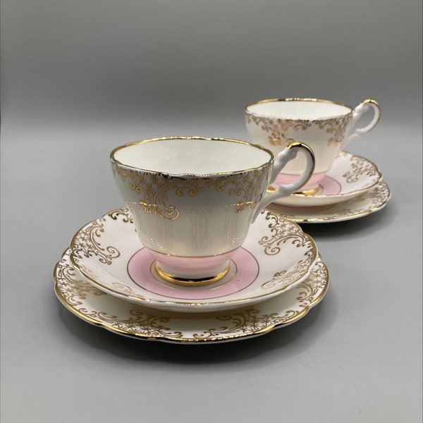 Vintage Set of Two Tea Trios Regency Bone China, White/Pink/Gold Tea Cups, Home Deco, Collectible Tea Cups, Gift Idea.